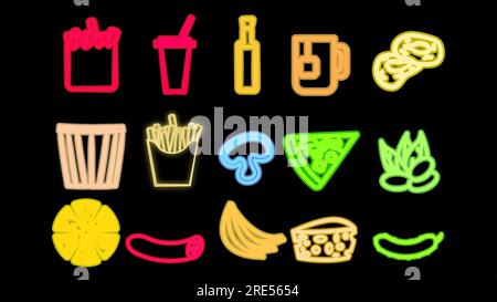 Set al neon luminoso e multicolore di 15 icone di piatti deliziosi e spuntini per il bar-caffetteria del ristorante: Patatine fritte, popcorn, bibite gassate, pizza, tè, formaggio, Illustrazione Vettoriale
