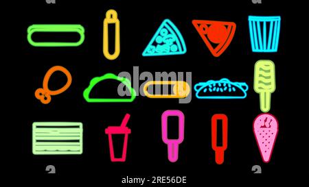 Set di 15 icone luminose e multicolori al neon di cibi deliziosi e spuntini per il bar-caffetteria del ristorante: Hot dog, pizza, pollo, gelato, sandw Illustrazione Vettoriale