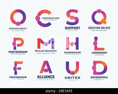 Set di modelli con logo vettore astratto per lettere di handshake. Una collezione di icona Hand Shake incorporata in Letters Cooperation and Friendship Concepts Illustrazione Vettoriale