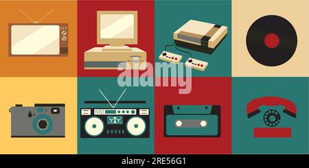 Una serie di icone di vecchia elettronica retrò d'epoca, una TV kinescope, un registratore a cassette, un disco in vinile, un computer, una console di gioco, un telefono, a Illustrazione Vettoriale