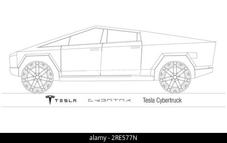 Stati Uniti, anno 2019, nuova concept car Tesla Cybertruck, silhouette delineata su sfondo bianco, illustrazione Foto Stock