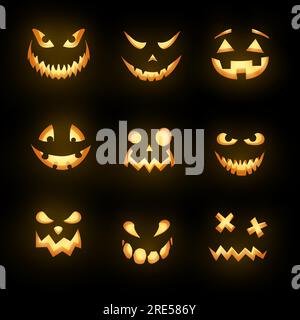 Mostri luminosi affrontano icone vettoriali isolate, emoticon horror di Halloween. Emoji spaventose di zombie arrabbiati, demoni e demoni, fantasmi e alieni, creature spaventose con occhi malvagi, denti e sorrisi inquietanti Illustrazione Vettoriale