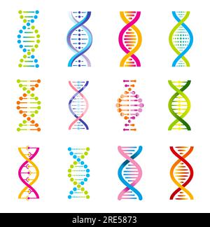 Icone dell'elica di DNA nella progettazione di vettori di medicina genetica. Molecole genetiche colorate di filamenti di DNA, catene cromosomiche umane, cellule e codici genici, biotecnologia, biologia, chimica o nanotecnologia Illustrazione Vettoriale