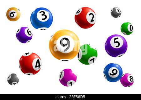 Palline con numeri di lotteria di bingo, lotto e giochi di gioco keno progettazione vettoriale 3d di sport di gioco, gioco d'azzardo e divertimento da casinò. Sfere realistiche con la combinazione di numeri vincenti con jackpot Illustrazione Vettoriale