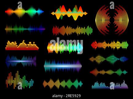 Onde sonore dell'equalizzatore, forme d'onda della frequenza audio della musica linee vettoriali isolate. Set di lettori digitali hud per tecnologia di riconoscimento audio o TUNE bar, segnale registratore. Grafici equalizzatore Song Studio Illustrazione Vettoriale