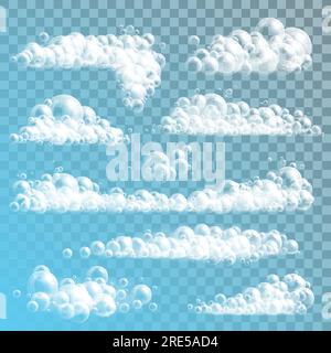 Bolle di sapone mockup vettoriale realistico su sfondo trasparente. Strisce di schiuma di acqua e sapone liquido, bolle 3d di gel doccia, schiuma da bagno o detersivo per bucato con riflessi Illustrazione Vettoriale