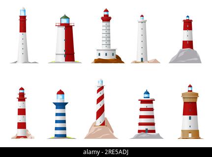 Icone isolate faro nautico e faro di navigazione marittima. Torri faro vettoriale sulla costa oceanica o sulla costa marina con lampade da ricerca e recinzione a balaustra, simboli delle apparecchiature di navigazione nautica Illustrazione Vettoriale