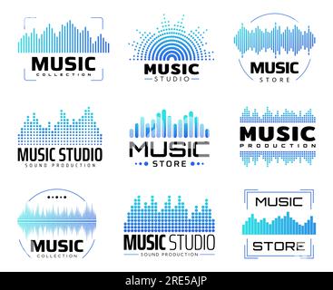 Icone musicali con equalizzatori, simboli vettoriali isolati con onde audio o radio o linee di frequenza audio. Forma d'onda visualizzata sul lettore audio, segnale registratore onde sonore. Set di etichette di produzione in studio musicale Illustrazione Vettoriale