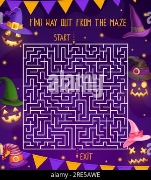 Labirinto labirinto di Halloween per bambini con lanterne di zucca, fantasmi e cappelli da strega o maghi. Puzzle vettoriale con personaggi spaventosi nei copricapi magici. Il compito dei bambini trova la via d'uscita dal labirinto Illustrazione Vettoriale
