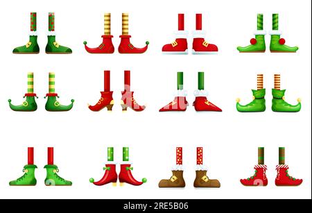 Piedi e scarpe di leprechaun e set vettoriale di elfi natalizi. Cartone animato Babbo Natale, zampe natalizie, gambe nane e fata con stivali rossi e verdi, calze colorate e calze a righe, design dei personaggi delle fate Illustrazione Vettoriale