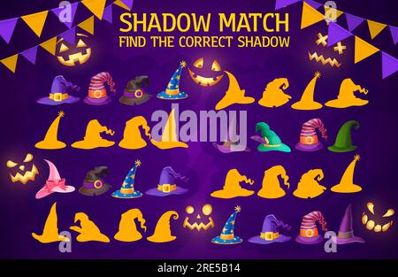 Mago di gioco Shadow Match e cappelli da strega. Foglio di lavoro vettoriale con le maiuscole mago di halloween. Trova la silhouette giusta per i bambini con copricapo magici e spettrali volti fantasmi, enigma che i bambini imparano Illustrazione Vettoriale