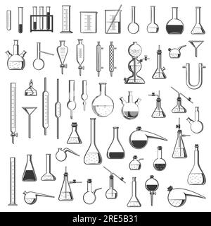 Matracci da laboratorio per sostanze chimiche, provette e retorti, apparecchiature vettoriali per scienze chimiche. Vetreria da laboratorio e contenitori in vetro per esperimenti di ricerca medica, supporti per provette, becher, cilindri e bruciatori Illustrazione Vettoriale