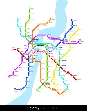 Metropolitana, metropolitana, sistema di trasporto sotterraneo mappa vettoriale. Piano della linea di trasporto ferroviario con stazioni della metropolitana Illustrazione Vettoriale