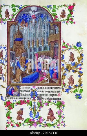 Titolo: La celebrazione della messa di Natale alla Sainte Chapelle Creatore: Limbourg Brothers (Paul, Herman e Jean Limbourg) Data: Circa 1412-1416 dimensioni: Non specificato Medio: Manoscritto miniato (pittura in miniatura all'interno del Tres Riches Heures du Duc de Berry) luogo: Musee Conde, Chantilly, Francia Foto Stock