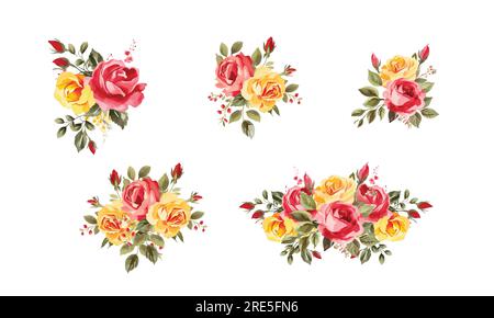 Disposizione floreale acquerello, bouquet di fiori ad acquerello, rosso rosa e giallo per il matrimonio, saluti, sfondi, biglietti Illustrazione Vettoriale
