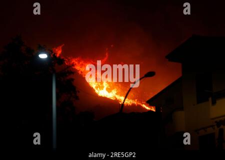 Borgetto (PA) - 25/07/2023, EMERGENZA INCENDIO ROMITELLO DISTRUTTO DALLE FIAMME VACANZIERI EVACUATI nella foto Monte Gradara in fiamme in tutta l'area Romitello solo uso editoriale Foto Stock