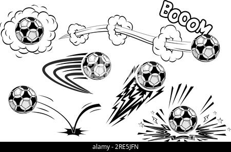 Le palle da calcio Soccers volano ad alta velocità. Vettore in stile fumetto su sfondo trasparente Illustrazione Vettoriale