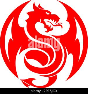 Icona circolare della silhouette del drago alato che respira il fuoco. Vettore su sfondo trasparente Illustrazione Vettoriale