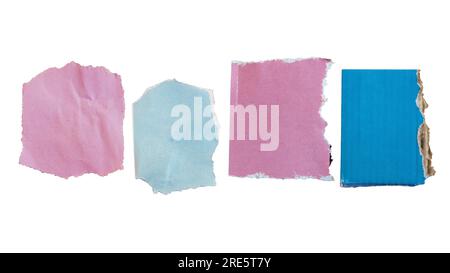 Carte rosa e blu strappate da una rivista per l'uso come sfondo di lettere di riscatto con percorso di ritaglio Foto Stock