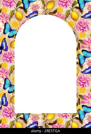 Modello A4 rettangolare per testo con fiori, farfalle, limoni. Cornice o bordo con motivi floreali. Illustrazione per un matrimonio romantico Foto Stock