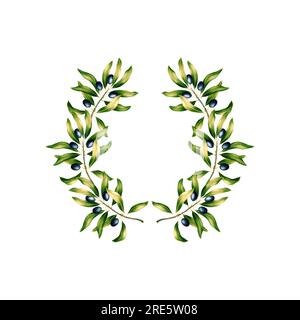 Corona tonda per testo con rametti e foglie d'oliva. Cornice o bordo con motivi botanici. Illustrazione per un invito romantico a nozze Foto Stock