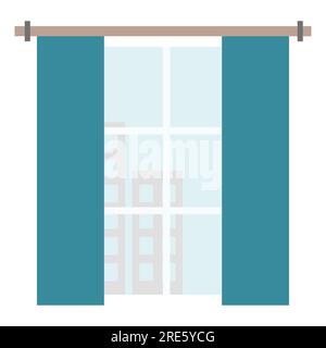 Finestra a casa con lunghe tende classiche, vista sul cielo e sulle sagome delle case, elemento di design degli interni, illustrazione vettoriale Illustrazione Vettoriale
