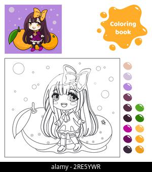 Libro da colorare per bambini. Ragazza anime con arance. Illustrazione Vettoriale