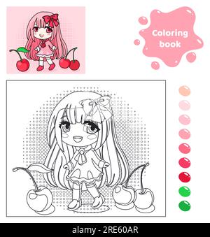 Libro da colorare per bambini. Ragazza anime con ciliegie. Illustrazione Vettoriale