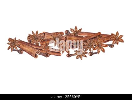Cannella bastoncini, anice stellato, chiodi di garofano. Illustrazione acquerello isolata su sfondo bianco. Impostare il design di invito, carte, confezione Foto Stock