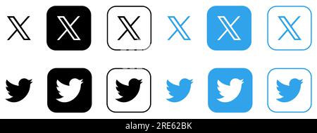 Set di logo vecchi e nuovi di Twitter. Icone dei vettori editoriali Illustrazione Vettoriale
