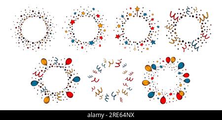 Set di cornici coriandoli. Design per festeggiare il compleanno disegnato a mano. Disegna il distintivo natalizio. Carnaval Doodle scoppiò Illustrazione Vettoriale