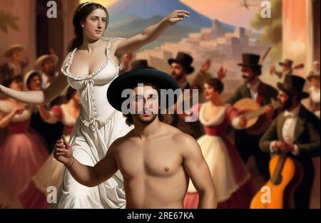 Tarantella napoletana con lo sfondo della splendida costiera amalfitana (circa 1800) Foto Stock