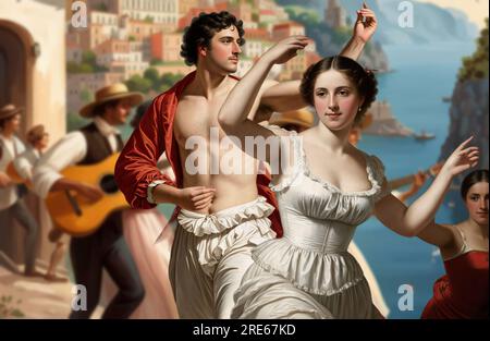 Tarantella napoletana con lo sfondo della splendida costiera amalfitana (circa 1800) Foto Stock