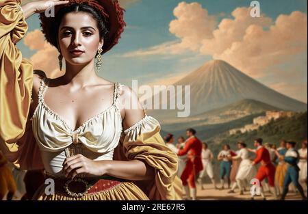 Rappresentazione di una danza tipica della tradizione popolare napoletana la Tarantella, con donna in primo piano con abiti tradizionali (circa 1800) Foto Stock