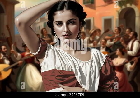 Rappresentazione di una danza tipica della tradizione popolare napoletana la Tarantella, con donna in primo piano con abiti tradizionali (circa 1800) Foto Stock