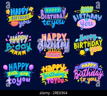 Icone di buon compleanno con torta vettoriale, candele per il giorno della nascita e palloncini ad aria compressa. Biglietti d'auguri di buon compleanno o badge per festeggiare l'anniversario con scritta sui cartoni animati, bandiere festive e fuochi d'artificio Illustrazione Vettoriale