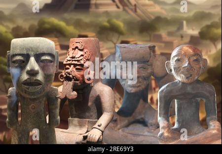 Statue realizzate a mano dagli scavi archeologici della famosa città precolombiana di Teotihuacan in Messico. Foto Stock