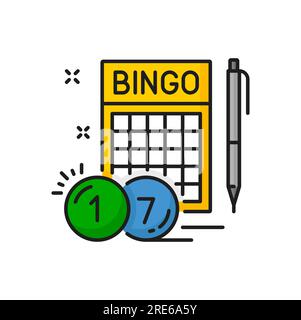 Bingo, palline e penne, icona a linea colorata isolata per il Web e per dispositivi mobili. Carta della lotteria del bingo vettoriale, emblema del gioco d'azzardo del lotto Illustrazione Vettoriale