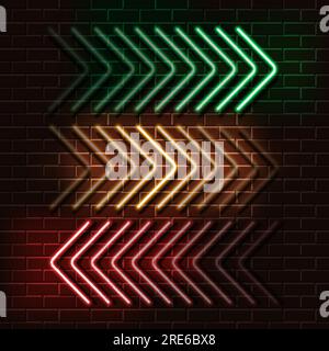 Frecce neon verdi, gialle e rosse su un muro di mattoni. Illustrazione vettoriale. Illustrazione Vettoriale