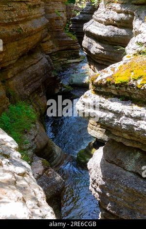 Esplora la gola di Rosomački Lonci sulla Stara Planina, un fenomeno naturale mozzafiato scolpito dal fiume Rosomača. Scopri le cascate e un po' Foto Stock