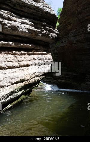 Esplora la gola di Rosomački Lonci sulla Stara Planina, un fenomeno naturale mozzafiato scolpito dal fiume Rosomača. Scopri le cascate e un po' Foto Stock