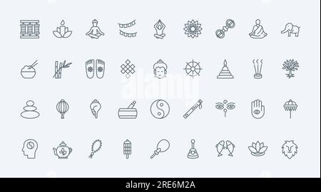 Le icone con linee nere sottili del buddismo impostano un'illustrazione vettoriale. Templi thailandesi e statua del Buddha, simboli olistici di meditazione zen, benessere e ritiro, pose spirituali buddiste e monaci per l'equilibrio dello spirito Illustrazione Vettoriale