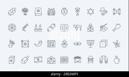 Le icone della linea nera sottile dell'ebraismo consentono di impostare l'illustrazione vettoriale. Delinea i simboli religiosi israeliani con Hanukkah e sinagoga ebraica, Stella di Davide e rotolo della Torah, pane rabbino e Challah, hamsa e dreidel Illustrazione Vettoriale