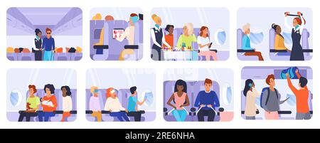 I passeggeri viaggiano in aereo con illustrazioni vettoriali, con scene di cartoni animati isolate di persone sedute all'interno di una cabina dell'aereo, con la hostess e l'equipaggio che offrono il servizio e le istruzioni della compagnia aerea. Illustrazione Vettoriale