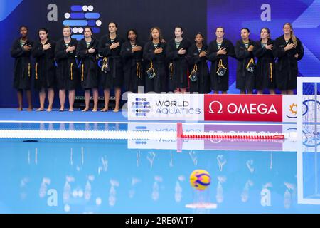 Fukuoka, Giappone. 26 luglio 2023. FUKUOKA, GIAPPONE - LUGLIO 26: Schiera il Sudafrica durante il World Aquatics Championships 2023 Women's Waterpolo Classification 11th-12th Place match tra nuova Zelanda e Sud Africa il 26 luglio 2023 a Fukuoka, Giappone (foto di Albert Ten Hove/Orange Pictures) credito: Orange Pics BV/Alamy Live News Foto Stock