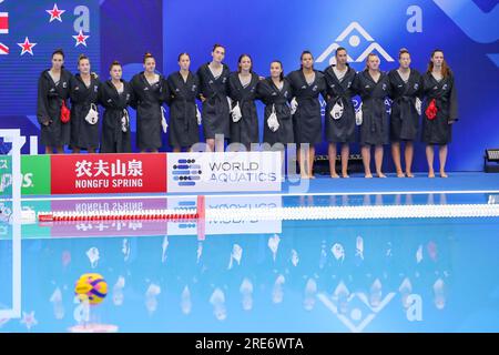 Fukuoka, Giappone. 26 luglio 2023. FUKUOKA, GIAPPONE - LUGLIO 26: Schiera la nuova Zelanda durante il World Aquatics Championships 2023 Women's Waterpolo Classification 11th-12th Place match tra nuova Zelanda e Sud Africa il 26 luglio 2023 a Fukuoka, Giappone (foto di Albert Ten Hove/Orange Pictures) credito: Orange Pics BV/Alamy Live News Foto Stock