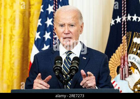 Washington, Stati Uniti. 25 luglio 2023. Il presidente Joe Biden parla ad un evento alla Casa Bianca di Washington, DC sull'espansione dell'accesso alla salute mentale. Credito: SOPA Images Limited/Alamy Live News Foto Stock