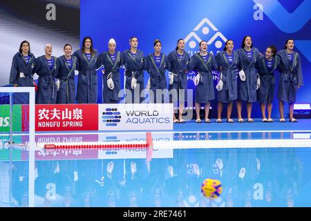 Fukuoka, Giappone. 26 luglio 2023. FUKUOKA, GIAPPONE - LUGLIO 26: Schiera Israele durante il World Aquatics Championships 2023 Women's Waterpolo Classification 9th-10th Place match tra Israele e Francia il 26 luglio 2023 a Fukuoka, Giappone (foto di Albert Ten Hove/Orange Pictures) credito: Orange Pics BV/Alamy Live News Foto Stock