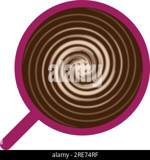 Vista dall'alto di una tazza di caffè in una tazza rosa con panna vorticata. Illustrazione Vettoriale