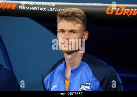 San Pietroburgo, Russia. 25 luglio 2023. Denis Adamov (16) di Zenit visto durante la partita di calcio della Coppa di Russia 2023/2024 tra Zenit San Pietroburgo e Akhmat Grozny alla Gazprom Arena. La squadra dello Zenit FC ha vinto contro Akhmat con un punteggio finale di 2:0. Credito: SOPA Images Limited/Alamy Live News Foto Stock